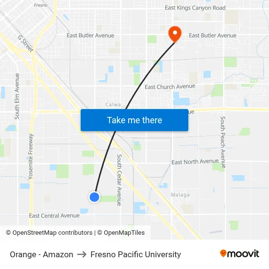 Orange - Amazon to Fresno Pacific University map