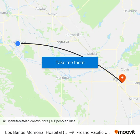 Los Banos Memorial Hospital (Eastbound) to Fresno Pacific University map