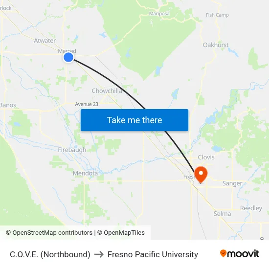 C.O.V.E. (Northbound) to Fresno Pacific University map