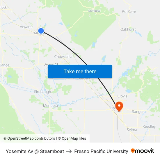 Yosemite Av @ Steamboat to Fresno Pacific University map