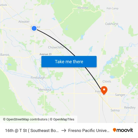 16th @ T St ( Southeast Bound) to Fresno Pacific University map
