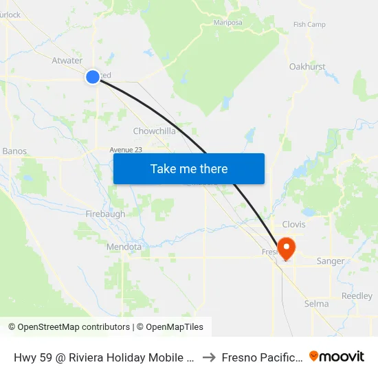 Hwy 59 @ Riviera Holiday Mobile Estates (Northbound) to Fresno Pacific University map