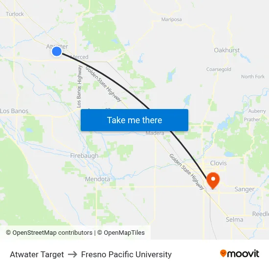 Atwater Target to Fresno Pacific University map