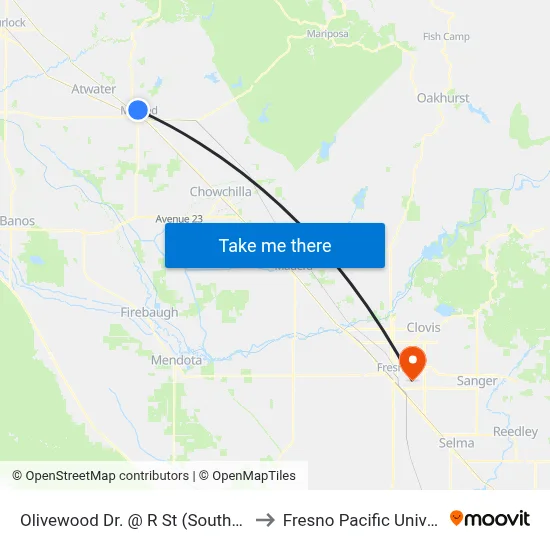 Olivewood Dr. @ R St (Southbound) to Fresno Pacific University map
