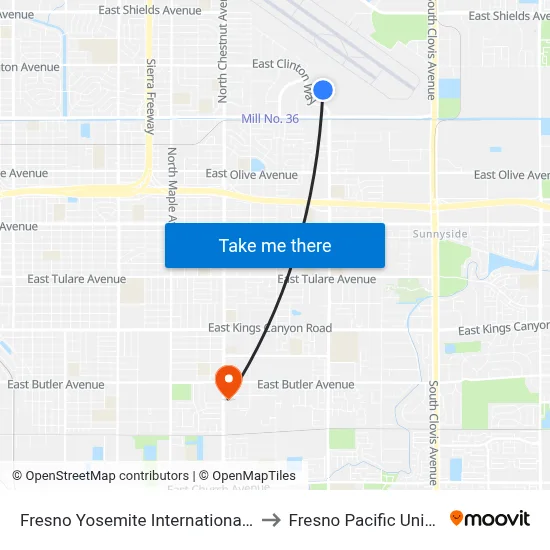 Fresno Yosemite International Airport to Fresno Pacific University map