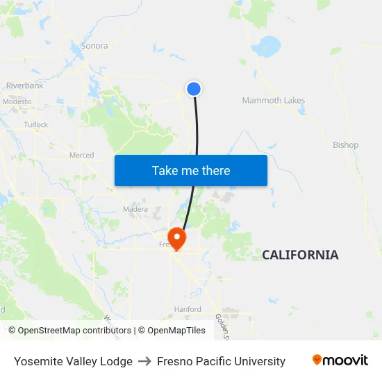 Yosemite Valley Lodge to Fresno Pacific University map