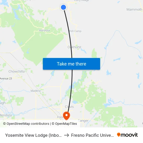 Yosemite View Lodge (Inbound) to Fresno Pacific University map