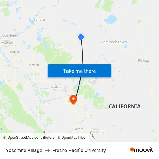 Yosemite Village to Fresno Pacific University map