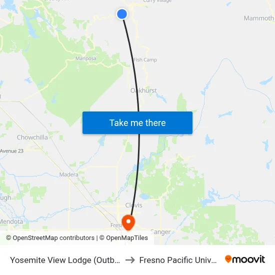 Yosemite View Lodge (Outbound) to Fresno Pacific University map