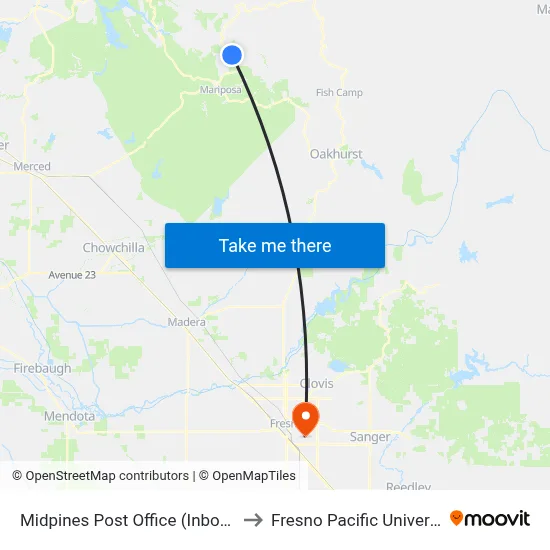 Midpines Post Office (Inbound) to Fresno Pacific University map