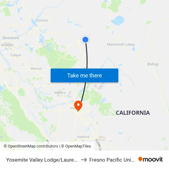 Yosemite Valley Lodge/Laurel Cottage to Fresno Pacific University map