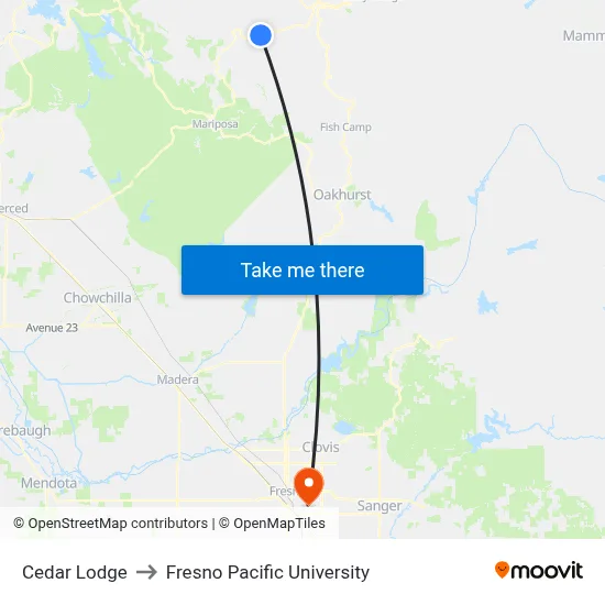 Cedar Lodge to Fresno Pacific University map
