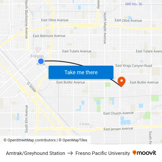 Amtrak/Greyhound Station to Fresno Pacific University map