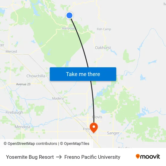 Yosemite Bug Resort to Fresno Pacific University map