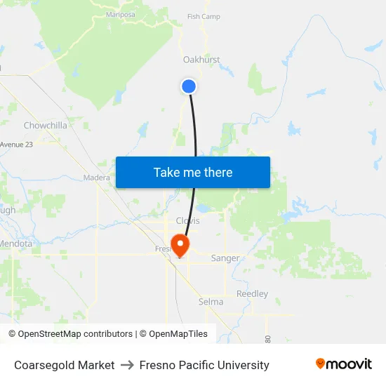 Coarsegold Market to Fresno Pacific University map