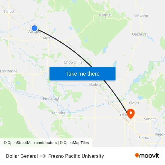Dollar General to Fresno Pacific University map