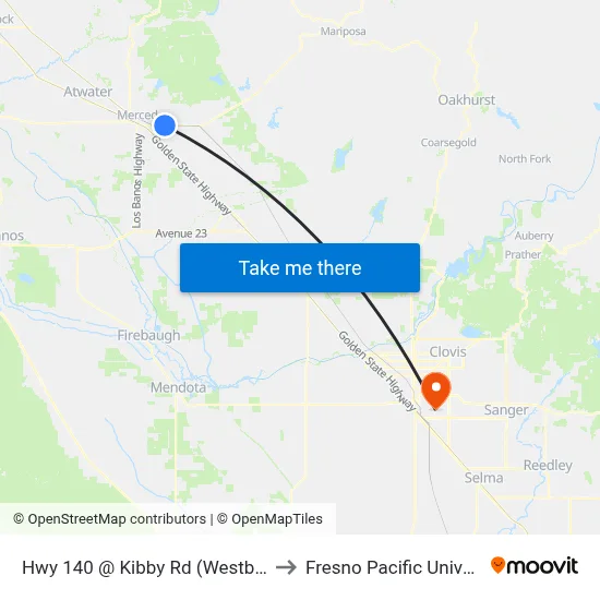 Hwy 140 @ Kibby Rd (Westbound) to Fresno Pacific University map
