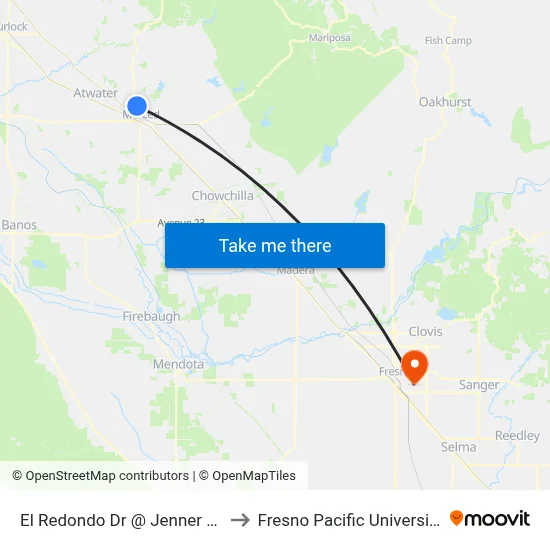 El Redondo Dr @ Jenner Dr to Fresno Pacific University map