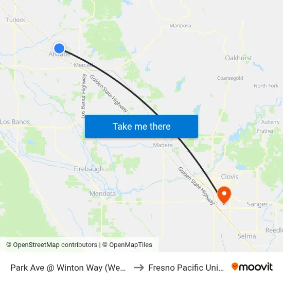 Park Ave @ Winton Way (Westbound) to Fresno Pacific University map