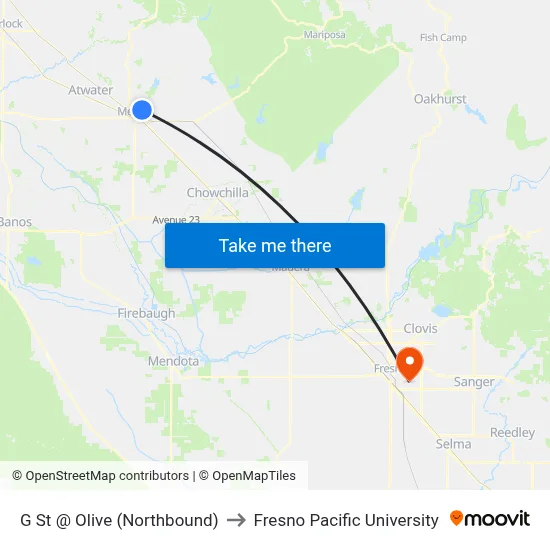 G St @ Olive (Northbound) to Fresno Pacific University map