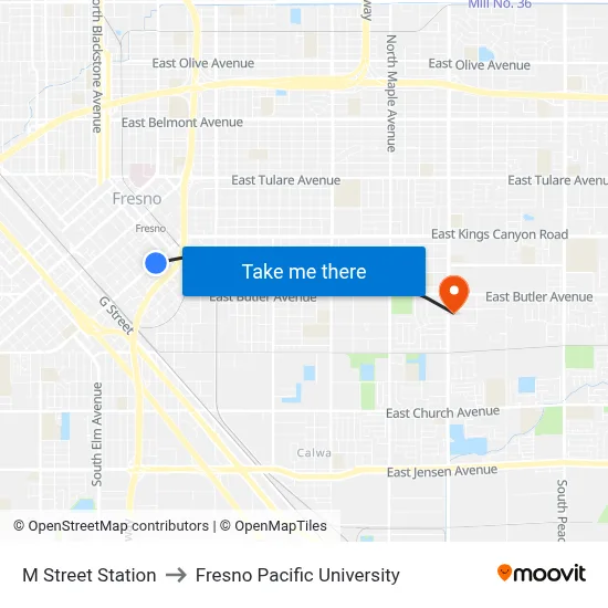 M Street Station to Fresno Pacific University map