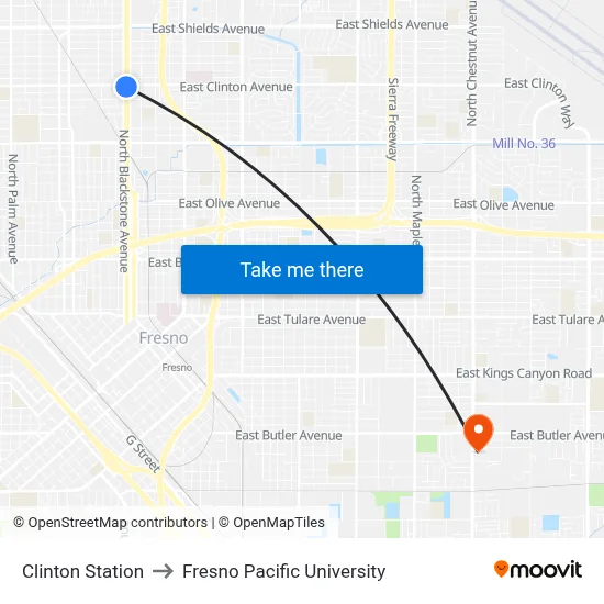 Clinton Station to Fresno Pacific University map