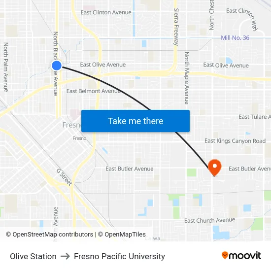 Olive Station to Fresno Pacific University map