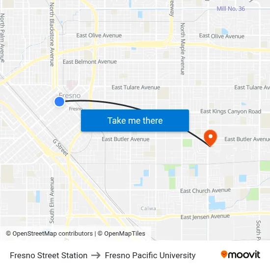 Fresno Street Station to Fresno Pacific University map