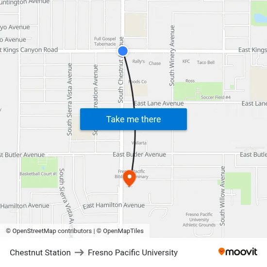 Chestnut Station to Fresno Pacific University map
