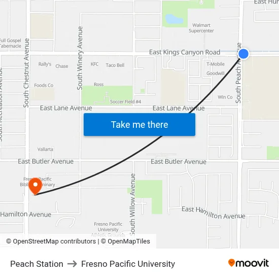 Peach Station to Fresno Pacific University map