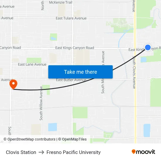 Clovis Station to Fresno Pacific University map