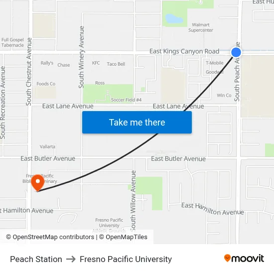 Peach Station to Fresno Pacific University map