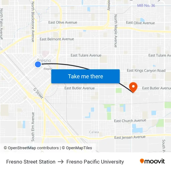 Fresno Street Station to Fresno Pacific University map