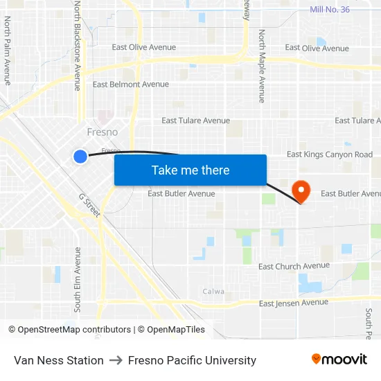 Van Ness Station to Fresno Pacific University map