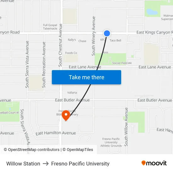 Willow Station to Fresno Pacific University map