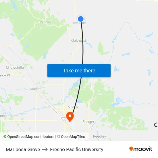 Mariposa Grove to Fresno Pacific University map