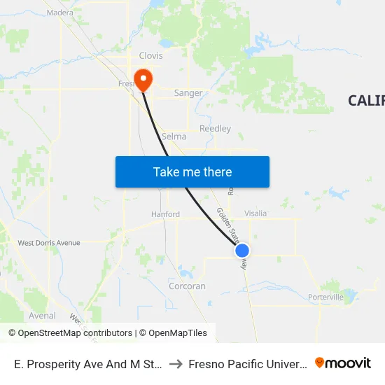 E. Prosperity Ave And M Street to Fresno Pacific University map