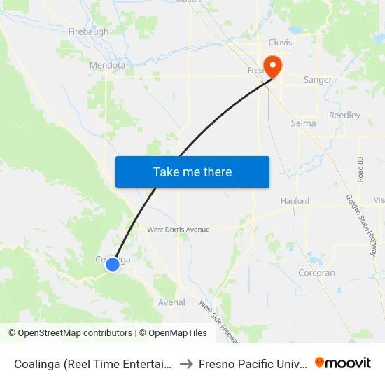 Coalinga (Reel Time Entertainment) to Fresno Pacific University map