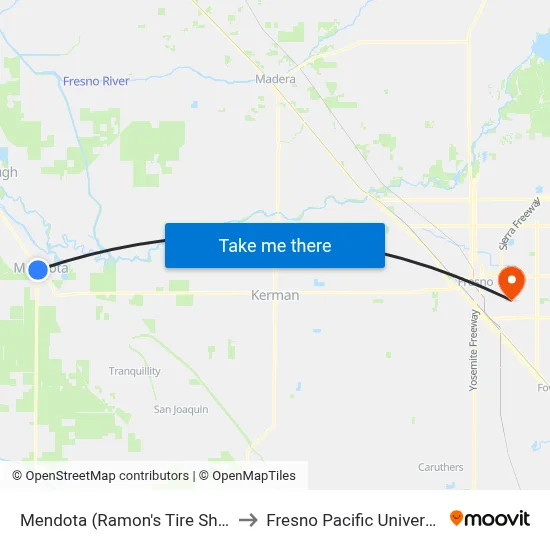 Mendota (Ramon's Tire Shop) to Fresno Pacific University map