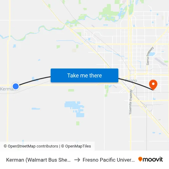 Kerman (Walmart Bus Shelter) to Fresno Pacific University map
