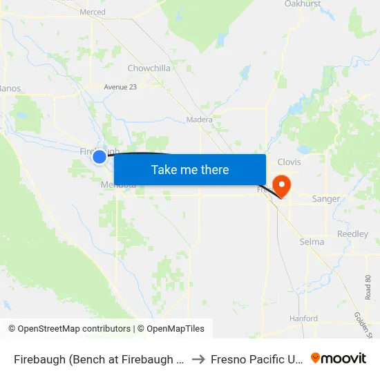 Firebaugh (Bench at Firebaugh Supermarket) to Fresno Pacific University map