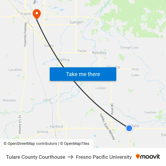 Tulare County Courthouse to Fresno Pacific University map