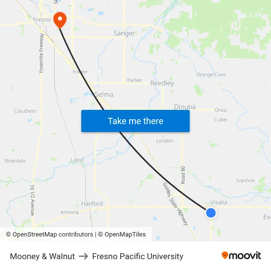 Mooney & Walnut to Fresno Pacific University map