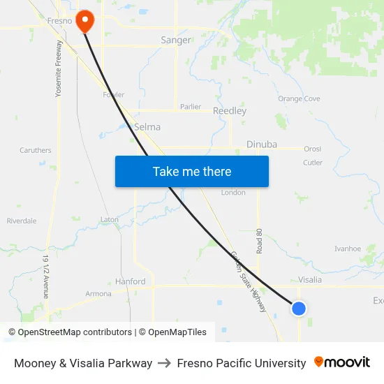 Mooney & Visalia Parkway to Fresno Pacific University map