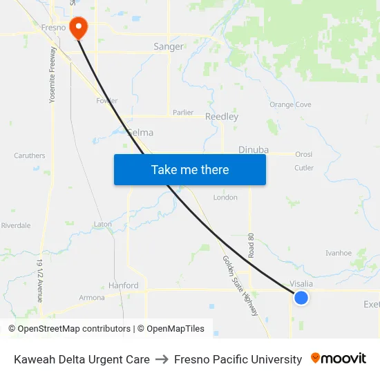 Kaweah Delta Urgent Care to Fresno Pacific University map