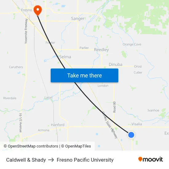 Caldwell & Shady to Fresno Pacific University map