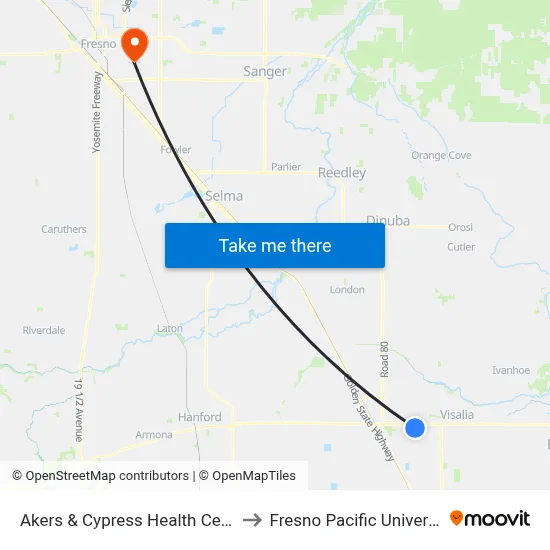 Akers & Cypress Health Center to Fresno Pacific University map