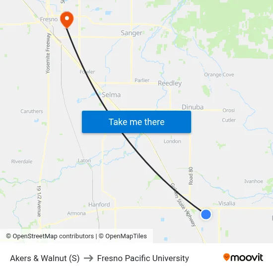 Akers & Walnut (S) to Fresno Pacific University map