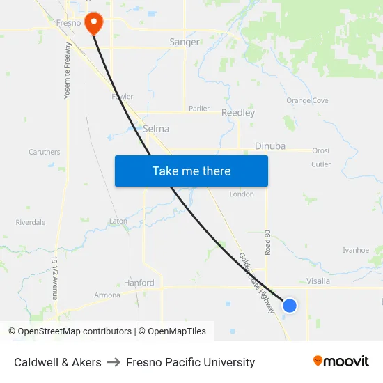 Caldwell & Akers to Fresno Pacific University map