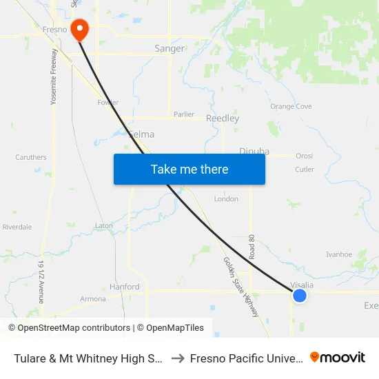 Tulare & Mt Whitney High School to Fresno Pacific University map